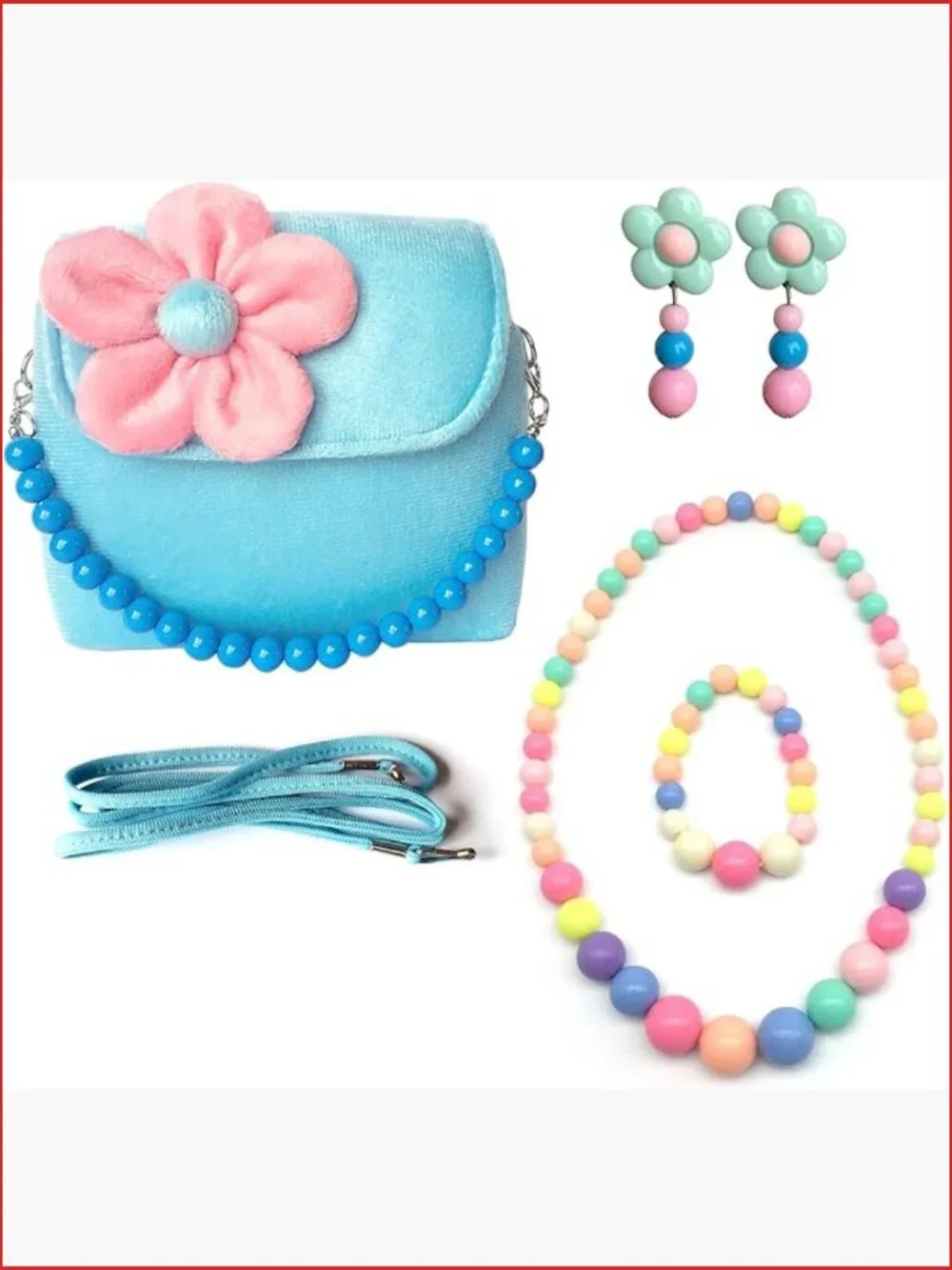 Kids Jewelry Set Handbag Clip-On Earrings Necklace Bracelet Plush Cotton